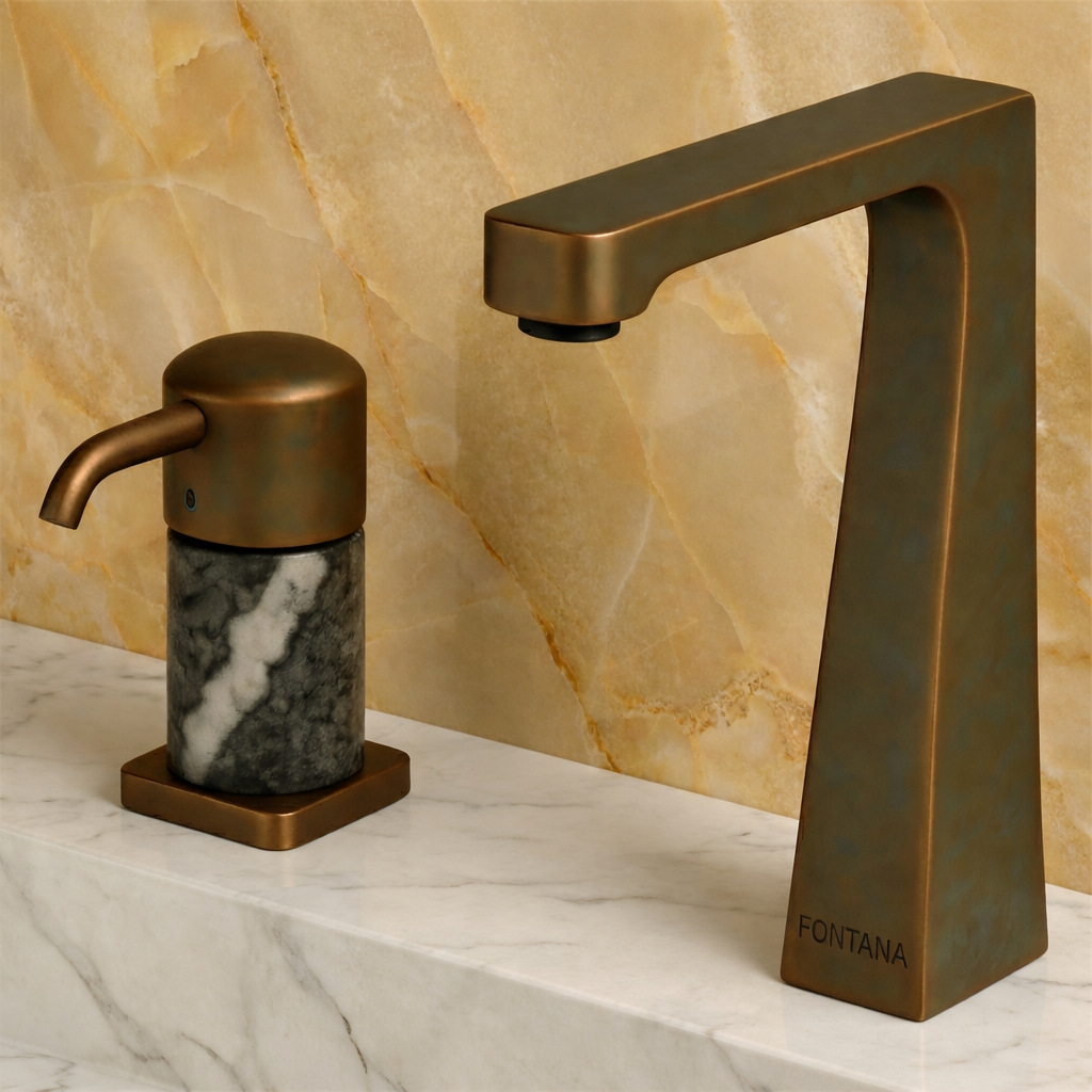 Fontana elegant arc antique bronze faucet with manual soap dispenser styling
